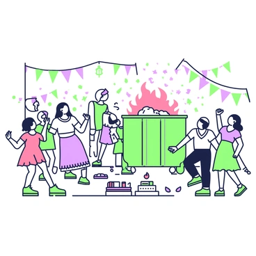 A street festival is taking place with a lively atmosphere. In the background, there is a dumpster fire burning, with flames and smoke rising from it. In the foreground, a diverse group of people is dancing joyfully, showcasing various styles of movement. Some individuals are wearing colorful outfits, while others are dressed in casual clothing. Colorful banners and decorations are hung around the festival area, adding to the lively environment. The ground is populated with scattered food stalls and small tables where festival-goers are gathered.