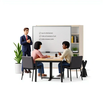 A financial advisor with light skin and short brown hair is standing beside a whiteboard. The advisor is wearing a navy suit and holding a marker. On the whiteboard, there are several bullet points outlining financial goals, such as "Save for Retirement" and "Create an Emergency Fund." A young professional with dark skin and shoulder-length curly hair is sitting at a table, listening attentively and taking notes. The professional is dressed in a casual button-up shirt and jeans, showing interest in the discussion. The office environment is bright and modern, with plants and bookshelves in the background.