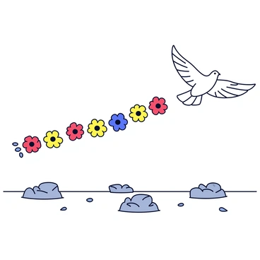 A white dove is flying gracefully above a battlefield. The dove's wings are spread wide, showcasing its feathers. Below, the battlefield is marked by scattered remnants of conflict; hints of gray and dark earth are visible. As the dove flies, it leaves behind a colorful trail of blooming flowers, creating a stark contrast against the somber scene below. The flowers vary in color, with bright reds, yellows, and blues, giving a sense of hope amidst the chaos.