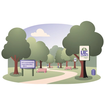A digital flat illustration of a green park filled with lush trees and vibrant grass. The trees are labeled with signs reading "LIC's environmental conservation efforts." Each sign is clear and prominently displayed. The park features a walking path that meanders through the trees, with several benches placed along the way for visitors to sit. Sunlight filters through the leaves, casting gentle shadows on the ground. In the background, there are a few fluffy white clouds in a bright blue sky, enhancing the peaceful atmosphere of the park.