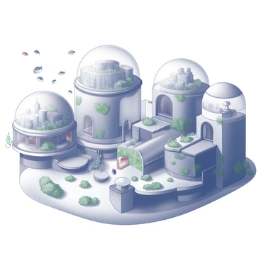 A futuristic underwater city consisting of large glass domes housing various structures. The domes are interconnected by transparent tunnels allowing easy movement between them. Schools of colorful marine life swim gracefully around the domes, with some fish darting through the spaces between the domes. The city features vertical gardens with aquatic plants growing along the glass surfaces, enhancing the environment. Sunlight filters through the water, creating patterns on the sandy ocean floor below, while the overall layout of the city suggests a harmonious blend of technology and nature.