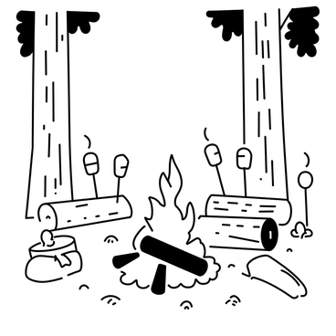 A camping scene in a forest setting featuring a cozy campfire with bright flames and glowing embers. Surrounding the campfire are several logs arranged as seating. There are skewers positioned over the fire, holding marshmallows that are being roasted, with some melting slightly. Nearby, a small pile of KitKat bars is placed on a flat rock. In the background, tall trees with detailed bark and leaves frame the scene, adding depth to the atmosphere. The ground is covered in scattered leaves and patches of grass.