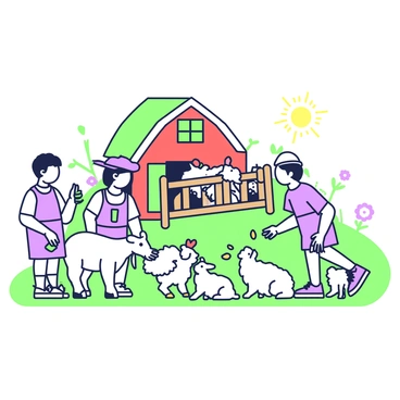 A group of children is interacting with various animals in a farmyard. On the left, a child is feeding a goat, holding a handful of green grass. Nearby, another child is sitting on the ground, petting a fluffy rabbit. In the center, a child is tossing grains to a flock of chickens that are eagerly pecking at the ground. To the right, there is a small wooden fence enclosing a few playful lambs. The background features a red barn with a green roof and bright flowers growing around it. The sky is clear, and the sun shines down on the lively scene.