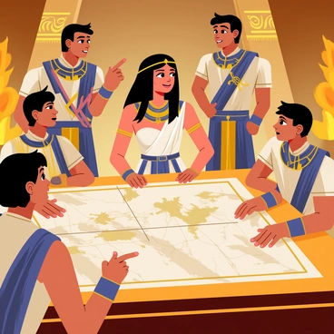 Cleopatra is seated at a large, ornate wooden table covered with a detailed map spread out in front of her. She has a confident expression, with her dark hair styled elegantly adorned with golden accessories. Around her, several generals are engaged in animated discussion, each with distinct armor and attire that reflects their ranks. One general points at the map with a serious look, while another leans forward, deeply involved in the conversation. The setting is richly decorated, featuring elaborate Egyptian motifs and soft, flickering torches providing warm illumination.