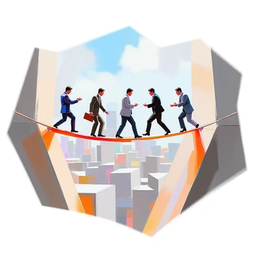 A safety net labeled "Risk Management" is situated directly beneath a group of tightrope walkers, who are precariously balanced as they engage in margin trading. Each tightrope walker is dressed in business attire, showcasing a mix of confidence and concentration. The tightrope spans between two tall buildings, emphasizing the height and risk involved. Below, the safety net appears taut, ready to catch anyone who might lose balance. In the background, a city skyline stretches out, providing context to this high-stakes activity. The scene is dynamic, capturing the tension of the tightrope walkers as they navigate their trade.