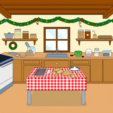 A cozy farmhouse kitchen with wooden beams and a large window letting in warm sunlight. The room is filled with festive Christmas decorations, including a wreath hanging on the door and colorful garlands draped along the countertops. A wooden table in the center is covered with a red and white checkered tablecloth. Various baking supplies are scattered across the table, such as flour, a rolling pin, and cookie cutters in festive shapes. There are several freshly baked cookies on a cooling rack, and a bowl of icing sits nearby, surrounded by sprinkles. The shelves are lined with jars filled with spices and holiday treats, adding to the cheerful atmosphere of the kitchen.