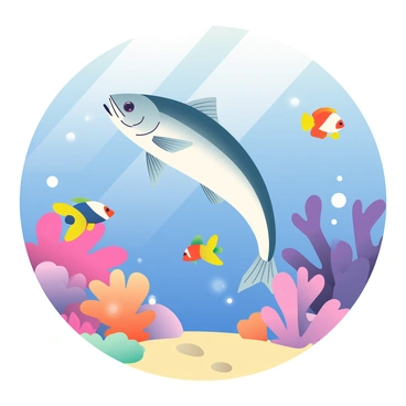 A cod fish with a sleek, elongated body and silver scales is swimming gracefully through a vibrant coral reef. The reef is teeming with life, featuring various corals in shades of pink, orange, and purple. Brightly colored tropical fish dart around the coral formations, adding splashes of yellow, blue, and red to the scene. Sunlight filters down from the surface, creating shimmering patterns on the sandy ocean floor below. The water is clear and inviting, enhancing the lively atmosphere of this underwater habitat.