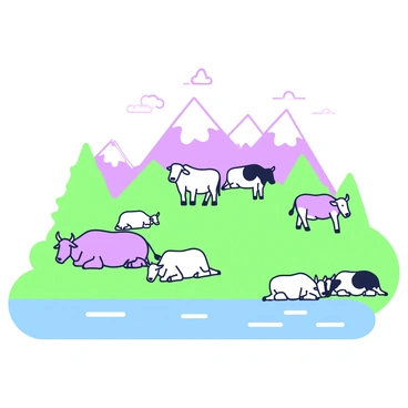 A group of cattle is resting peacefully by a river. The scene is set with the river gently flowing across the foreground, reflecting the surroundings. Multiple cattle are sprawled out on the green grass banks, some lying down while others are grazing. In the background, there are towering mountains rising high, their peaks adorned with patches of snow. The sky above is clear, allowing sunlight to illuminate the entire scene, creating a tranquil atmosphere.