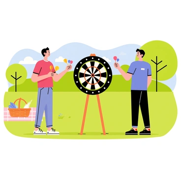 A sunny park with lush green grass and a clear blue sky serves as the backdrop. Two friends, one wearing a red t-shirt and the other in a blue shirt, are standing a few meters apart, focusing intently on a portable dartboard set up on a wooden stand. The dartboard, with its classic black and white segments, is positioned prominently in the center of the scene. Each friend is holding colorful darts, ready to take their turn. In the background, a few trees provide some shade, and a picnic blanket with an open basket can be seen nearby, suggesting a fun day out.