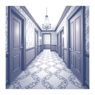 A long hotel corridor extends into the distance. The floor is covered with a patterned carpet featuring intricate designs. The walls are adorned with vintage wallpaper, showing ornate patterns that evoke a sense of nostalgia. Dim lighting casts soft shadows, enhancing the atmosphere of the space. The corridor is lined with closed doors on either side, each door detailed with a classic handle. A hint of an antique chandelier can be seen at the far end, providing a glow that outlines the shape of the corridor.