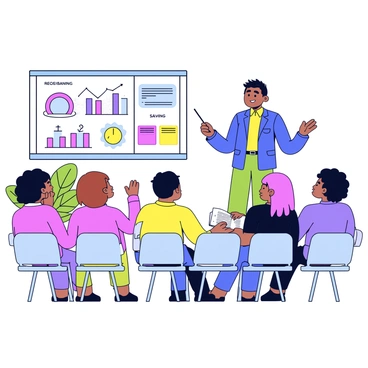A banker stands at the front of a bright, open room, engaging with an attentive audience. The banker is dressed in a neat, professional outfit, holding a pointer and gesturing toward a large flip chart filled with colorful graphs and illustrations about budgeting and saving. Participants of various ages sit in rows, some taking notes and others raising their hands to ask questions. The room features a few plants and a large window letting in natural light, creating a welcoming atmosphere.