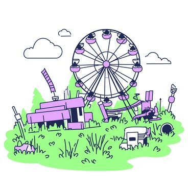 A rundown amusement park is depicted with a rusted ferris wheel towering in the background. The ferris wheel has several faded seats, some of which are missing, and its metal frame shows signs of age and wear. In the foreground, patches of overgrown weeds and wild grass cover the ground, creating an untamed appearance. Scattered around the park are remnants of old rides, with peeling paint and broken structures, hinting at a once vibrant atmosphere. The sky above is cloudy, adding to the atmosphere of neglect.
