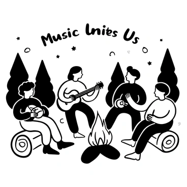 A group of friends sitting around a campfire, with flames glowing in the center. One person is playing an acoustic guitar, while another plays a bongo drum. A third person is holding a harmonica, and the fourth is singing along. The friends are positioned in a semicircle, with trees in the background and logs as seating. Smoke gently rises from the fire, creating a lively atmosphere, and a few stars are visible in the night sky above them. The words "Music Unites Us" are displayed above the scene.