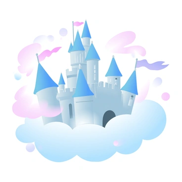 An enchanted castle is floating among soft, fluffy clouds. The castle is made of shimmering stone with tall towers and intricate architecture. Colorful banners are fluttering in the gentle breeze, displaying various patterns and hues. Sunlight casts a warm glow on the clouds surrounding the castle, creating a magical atmosphere. The sky is filled with a gradient of pastel colors, blending seamlessly from pink to light blue.