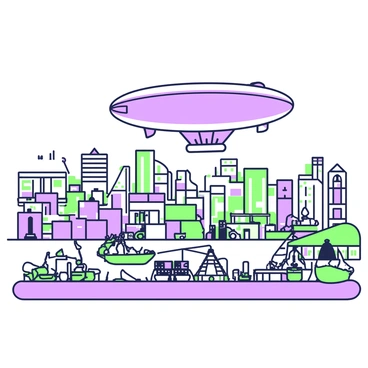 A zeppelin is flying over a bustling port city, showcasing its large form against the sky. Below, the port is filled with numerous ships docked along the waterfront, with some unloading cargo. Large crates are stacked on the docks, and workers are actively moving them around with hand trucks and cranes. The city beyond the port features a variety of buildings, including warehouses and apartment blocks, with bustling streets filled with vehicles and pedestrians. The atmosphere is lively, highlighting the busy nature of the port activity.