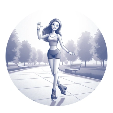A Barbie figure, styled in an 80s fashion, is roller skating on a paved path in a park. She has big hair and is dressed in a flashy outfit that includes a bright top and knee-high socks. The park features trees and benches in the background, with the sun shining brightly above. The figure is in motion, gliding gracefully on roller skates, with one arm raised as if waving. The scene captures the lively atmosphere of the park.