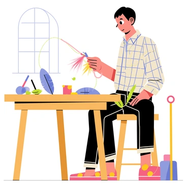A fisherman sitting on a wooden stool, intently focused on tying a fly fishing lure. He has short dark hair and is wearing a plaid shirt with rolled-up sleeves. In his hands, he holds a hook surrounded by colorful feathers in shades of blue, red, and yellow, along with strands of bright thread. The workbench is cluttered with various fishing materials, including additional feathers, hooks, and tools. Natural light filters through a nearby window, illuminating the scene and highlighting the intricate details of the lure being crafted.