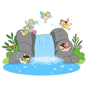 A small waterfall with clear, shimmering water cascading down smooth rocks. The water sparkles as if infused with "fairy magic." Tiny fairies with delicate wings are fluttering around the waterfall, some hovering over the water while others are playfully splashing in the stream. Each fairy has a unique appearance, with vibrant colors in their clothing and hair. Bright green leaves and colorful flowers surround the waterfall, adding to the enchanting scene.