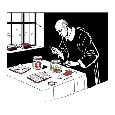 Andreas Vesalius examining preserved organs in glass jars
