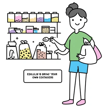 A person standing inside a zero-waste store, surrounded by various bulk bins filled with grains, nuts, and dried fruits. They are wearing a green shirt and denim shorts, holding multiple reusable bags made of fabric and a few glass containers. The person is carefully scooping grains into one of the containers with a scoop. On the shelves behind them, jars filled with colorful spices and other products are neatly arranged. A small sign nearby reads "Zero Waste - Bring Your Own Containers."