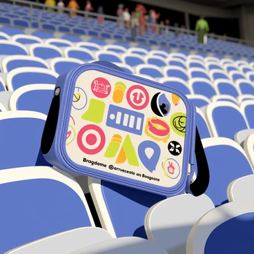 A skateboard bag with a variety of colorful sports team logos displayed prominently on its surface. The bag is positioned on a metallic bleacher inside a stadium, which features rows of blue and white seats. Sunlight streams in, casting shadows across the bleacher. A blurred crowd can be seen in the background, adding to the lively atmosphere of the sports event.