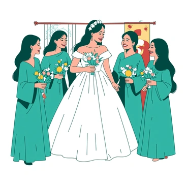 A group of bridesmaids wearing vibrant teal traditional attire is gathered around a bride clad in a stunning white gown adorned with intricate patterns. The bride has a delicate floral crown made of white blossoms resting on her head. Each bridesmaid is holding a small bouquet of colorful flowers, creating a harmonious contrast. The background features decorative elements typical of the cultural ceremony, including ornate motifs and traditional patterns. The scene captures a moment of joy as the bridesmaids share laughter and support with the bride, encapsulating the spirit of the celebration.