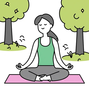 A person sitting cross-legged on a colorful yoga mat, eyes closed in a meditative pose. The individual has long hair tied back and is wearing comfortable athletic clothing, consisting of a green tank top and gray leggings. Surrounding them is a lush green park, with tall trees providing shade, and soft grass underfoot. A few wildflowers are scattered throughout the grass, and the sun is filtering through the leaves, casting gentle patterns of light and shadow on the ground.