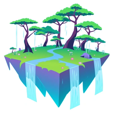 A 3D floating island with vibrant, lush greenery covering its surface. Towering trees with broad leaves are scattered across the island, providing shade. Numerous waterfalls are cascading from the edges of the island, sending streams of water glimmering into the sky, creating a misty effect. Colorful flowers bloom among the foliage, adding pops of color to the greenery. Small rock formations and cliffs are visible, enhancing the natural landscape of the island. The entire scene conveys a sense of height and wonder, with the waterfalls reflecting light as they flow outward.