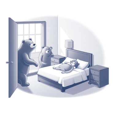 Three bears standing in a doorway, peeking into their bedroom. The first bear, a large one, has a surprised expression. The second bear, slightly smaller, is leaning forward with curiosity. The third bear is a young cub, looking up with wide eyes. Inside the bedroom, Goldilocks is lying peacefully on the bears' bed, surrounded by soft bedding and a few scattered pillows. The room features wooden furniture, including a dresser and a nightstand, and a window with light filtering through the curtains.
