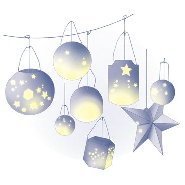 A collection of lanterns crafted from delicate tissue paper. Each lantern is intricately shaped, featuring various patterns and designs cut into the translucent material. The lanterns emit a warm glow, illuminating the surrounding area with a gentle light. They are suspended at different heights, creating an enchanting display. Some lanterns are round while others are more elongated or star-shaped, adding variety to the overall arrangement. The background is softly blurred, allowing the focus to remain on the glowing lanterns.