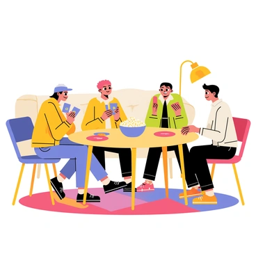 A group of four friends sitting around a round wooden table in a cozy living room. The friends are engaged in a card game, with two of them holding cards and the other two looking at the table. A bowl of popcorn and a plate of cookies are placed in the center of the table. The room features a warm ambiance, with a soft couch in the background and a lamp casting a golden glow. A colorful rug is under the table, adding warmth to the scene.