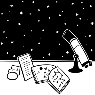 A telescope pointing towards a vast starry sky filled with numerous twinkling stars. Next to the telescope, there is a table holding an open notebook with scattered notes, as well as star charts laid out carefully. The notebook has faint lines and is partially filled with observations. The star charts display various constellations and celestial bodies, providing a sense of exploration and discovery.