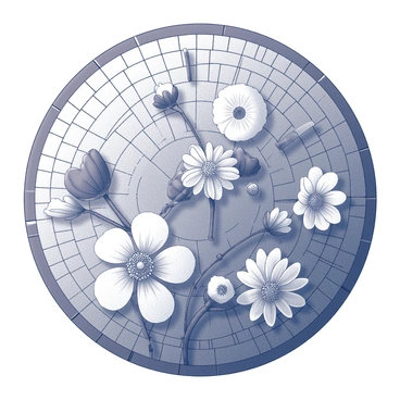 A mosaic artwork featuring an intricate arrangement of various flowers. The flowers include different species, each with distinct shapes and sizes, contributing to the overall design. They are positioned in a circular pattern, creating a harmonious composition. The background of the mosaic is filled with a textured surface that enhances the visual impact of the flowers. Each flower is detailed, showcasing petals, leaves, and stems, contributing to the overall aesthetic of the piece.