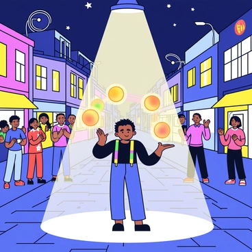 A bustling city street at night, illuminated by various colorful lights from nearby buildings and storefronts. In the foreground, a street performer stands under a bright spotlight, juggling three glowing juggling balls that emit a warm light. The performer is wearing a simple yet striking costume, consisting of a black shirt and colorful suspenders. Surrounding the performer are a small crowd of onlookers, gathered with expressions of fascination, and a few people are clapping and cheering. The ground is made of cobblestones, reflecting the vibrant lights above.
