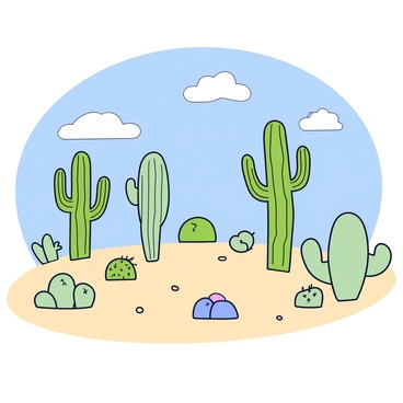 A serene desert landscape showcasing different types of cacti under a clear blue sky.