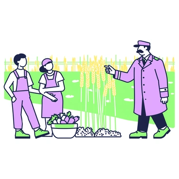 A man with a prominent mustache is walking through a collective farm, surrounded by farmers. He is wearing a military-style coat and a flat cap. The scene captures him inspecting tall stalks of wheat, which are golden and swaying slightly in the breeze. To the left, a farmer in overalls points to a cluster of ripe vegetables growing in a patch of soil. Nearby, a woman stands with a basket of freshly harvested produce, including potatoes and carrots. In the background, several fields stretch out under a clear sky, showcasing rows of crops ready for harvest.