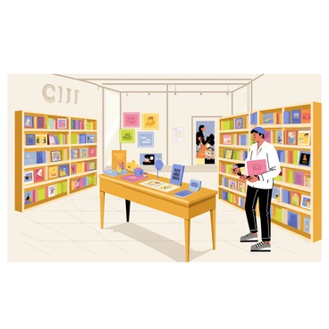 A gift shop located inside an art gallery. The shop features wooden shelves filled with colorful art prints, neatly arranged in frames. A table displays an assortment of books about famous artists and art movements, their covers visible. Souvenirs such as small sculptures, postcards, and keychains are scattered throughout the space, inviting customers to explore. The floor is tiled in a light color, and soft lighting illuminates the area, highlighting the various items for sale. A large window provides a view of the gallery, showcasing various artworks on display.