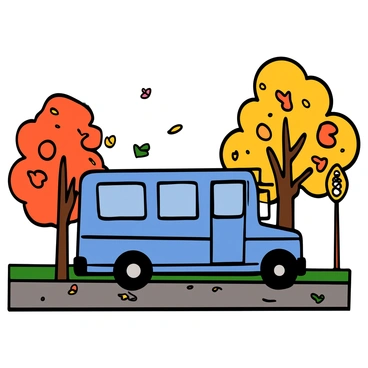 A blue school bus parked on a quiet street. The bus is bright blue with large windows and a yellow stop sign extended. Surrounding the bus are colorful autumn leaves in shades of red, orange, and yellow, scattered across the pavement and gently falling from the trees. The trees lining the street are full of vibrant fall foliage, creating a picturesque scene. The atmosphere is calm, with soft sunlight filtering through the branches, casting shadows on the ground.