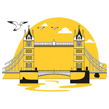 Seagulls flying around Tower Bridge on a clear, sunny day