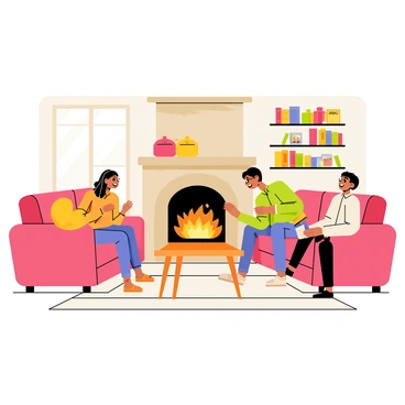 A warm living room featuring a stone fireplace with flames crackling inside. There are two plush sofas positioned facing each other, adorned with colorful throw pillows. In the center, a wooden coffee table is surrounded by family members, including a woman with long brown hair and a man with glasses, both laughing and sharing stories. A fluffy rug covers the wooden floor, and a shelf filled with books and family photos is visible in the background. A large window lets in soft, golden light, creating a cozy atmosphere in the room.