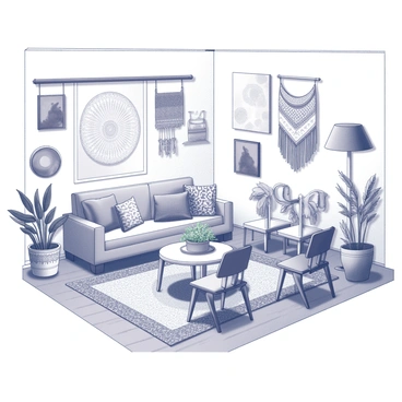 A cozy apartment interior showcasing a variety of bohemian decor elements. The space is filled with an assortment of decorative items, including patterned throw pillows, woven textiles draping over furniture, and wall hangings with intricate designs. Various art pieces are arranged on the walls, featuring different shapes and sizes. A vintage rug covers part of the wooden floor, and plants in decorative pots are placed in different corners of the room. An inviting seating area is set up with a low table surrounded by mismatched chairs, inviting relaxation and creativity.