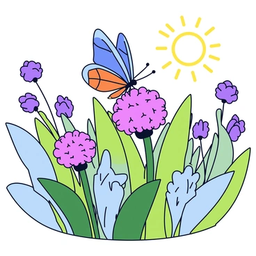 A colorful butterfly with vibrant blue and orange wings is resting delicately on a round allium flower that has a spherical cluster of small purple blossoms. The garden is filled with various shades of green from the lush leaves surrounding the flowers. Sunlight streams down, illuminating the scene and creating soft shadows on the butterfly's wings. The background features additional flowers that add splashes of color to the serene garden environment.