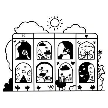 A large cardboard illustration board set up as an interactive storyboard with several illustrated panels depicting scenes from a children's book. Each panel showcases characters engaged in various activities, such as a young girl reading under a tree, a group of animals playing together, and a colorful garden full of flowers. There are interactive flaps that can be lifted to reveal hidden images and text below. The storyboard features detailed illustrations of the environment, including trees, clouds, and a bright sun above. The edges of the board are adorned with playful decorative elements like stars and hearts.