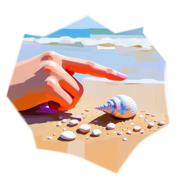 A slender finger, with a light tan skin tone, is extending towards a small, shimmering seashell resting on the warm, golden sand of a beach. The seashell is adorned with iridescent hues that reflect the sunlight, creating a sparkling effect. Surrounding the seashell, the grains of sand vary in color, highlighted by scattered seashell fragments and tiny pebbles. In the background, the gentle waves of the ocean are lapping at the shore, slightly blurred in the distance.