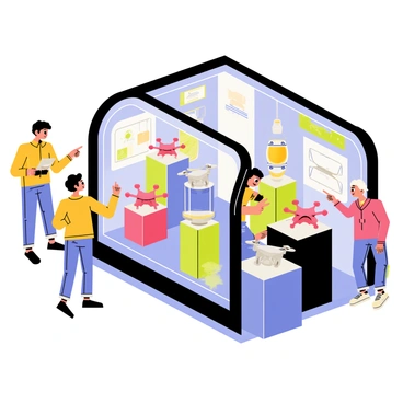 A compact drone retail kiosk situated in a bustling mall. The kiosk features a sleek design with a glossy black frame and bright LED lighting. On display are several drones, each showcased on individual pedestals. The drones vary in size and color, including a red quadcopter and a silver racing drone. Surrounding the kiosk are vibrant promotional posters featuring images of drones in action. Customers, including a young boy pointing at a drone and an adult examining one closely, are interacting with the kiosk, creating a lively atmosphere.