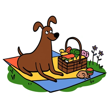 A dackel with short legs and a long body is sitting on a colorful picnic blanket. The dackel has shiny brown fur and big, expressive eyes. Next to the dackel, there is a wicker picnic basket filled with various treats such as sandwiches, fruits, and snacks. The blanket is spread out on a grassy area with a few wildflowers around it. The scene gives a sense of a cheerful outdoor picnic.