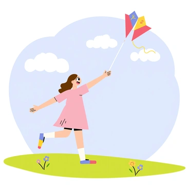 A petite girl with long brown hair is joyfully flying a colorful kite in a wide open field. The kite is shaped like a butterfly with vibrant patterns of red, blue, and yellow, soaring high against a bright blue sky. The girl is wearing a light pink dress that sways gently in the breeze. The field is dotted with patches of green grass and a few wildflowers in yellow and purple hues. Fluffy white clouds drift lazily above, completing the cheerful atmosphere of a breezy day.