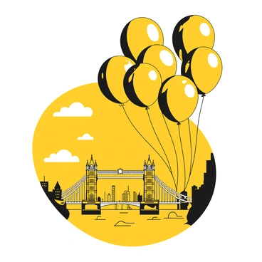 A cluster of yellow balloons floating high in the sky above London Bridge. The bridge is depicted with its iconic structure and arches visible. In the background, the silhouette of the cityscape is seen, with buildings and structures framing the scene. The sky is clear, allowing the balloons to stand out prominently against the backdrop. Some balloons are tied together, while others drift freely with the breeze.