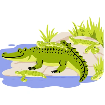 A group of saltwater crocodiles basking in the sun on a rocky riverbank. The mother crocodile is large with dark green scales, and several tiny hatchlings with light green patterns are comfortably resting on her broad back. The scene includes a few other crocodiles lounging nearby, displaying various sizes and textures of scales. The river flows gently beside them, reflecting the bright blue sky. Lush vegetation surrounds the area, providing a natural habitat for the crocodiles.