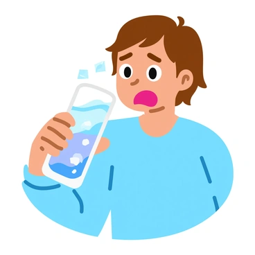 A person with short brown hair is wincing as they take a swig from a tall, clear glass filled with ice-cold water. The glass is sweating beads of condensation, and ice cubes are visibly floating in the water. The person's eyebrows are raised, and their mouth is slightly open, revealing an expression of surprise due to the cold sensation. They are wearing a light blue shirt, and the background is softly blurred to emphasize their reaction.